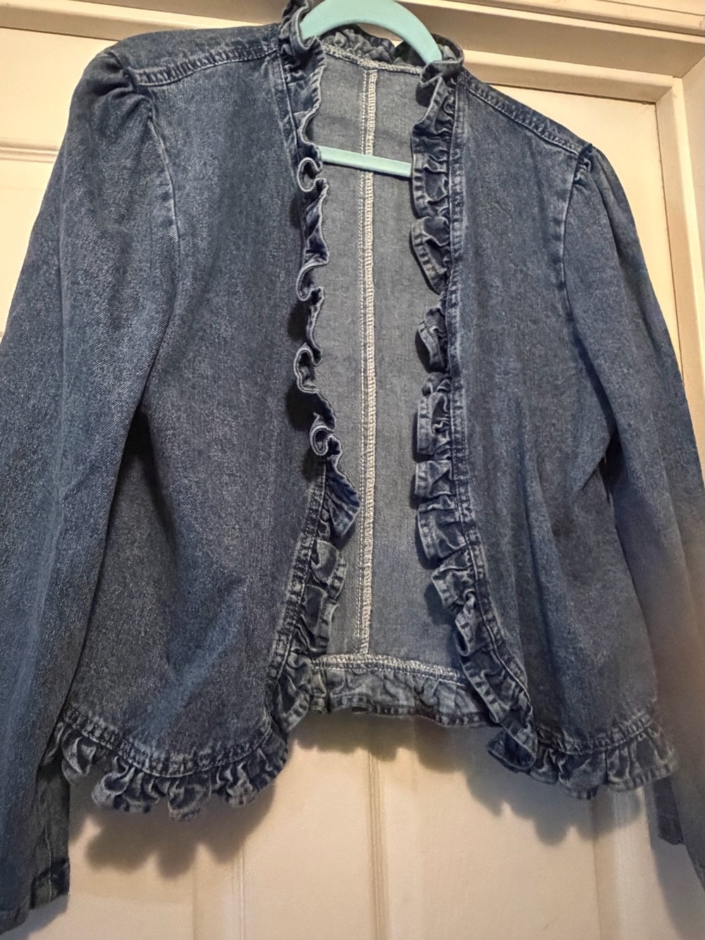 Denim Ruffle Open-Front Jacket - Blue